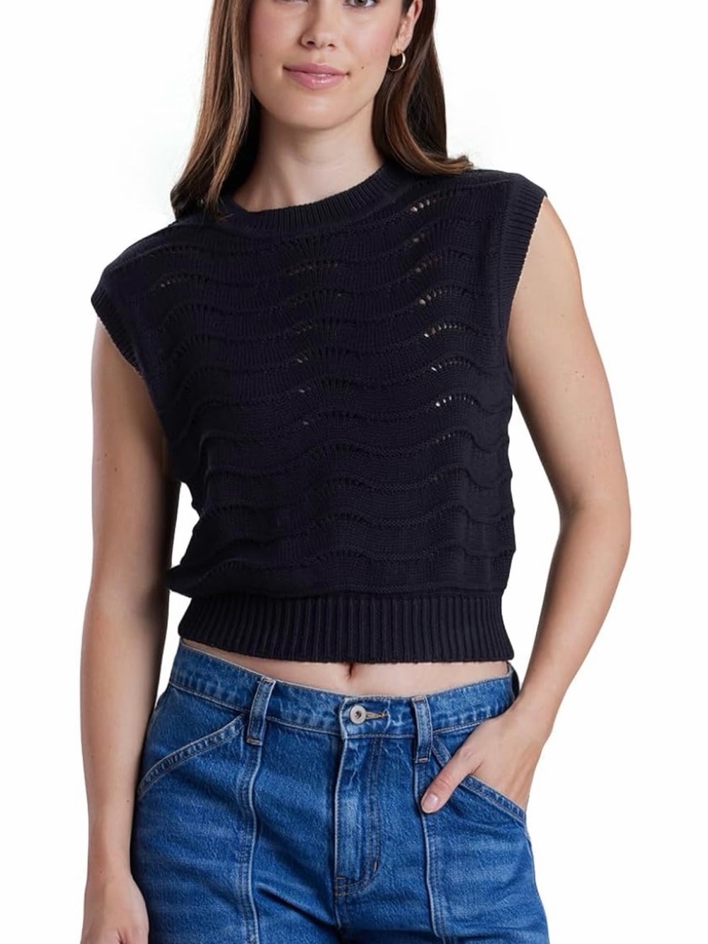 UNIONBAY Black Sleeveless Wave-Knit Crop Tank